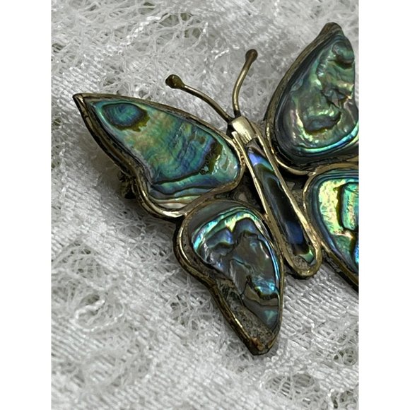 Antique Mexico Alpaca Silver Abalone Inlay Sterling Silver Butterfly Brooch - Picture 9 of 9